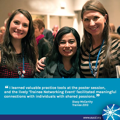 Photo of three young women smiling for the camera. Text: I learned valuable practice tools at the poster session, and the lively 'trainee networking event' facilitated meaningful connections with individuals with shared passions.