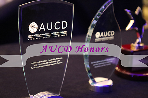 Photo of two awards with a transparent banner in the middle with text that reads AUCD Honors