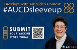 picture: promotional image for #AUCD sleeve up Tuesdays with Liz video contest featuring a picture of liz on a blue background