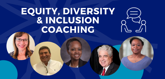 Image of five coaches. Text reads Equity, Diversity, and Inclusion Coaching. Logo of UCEDD Resource Center