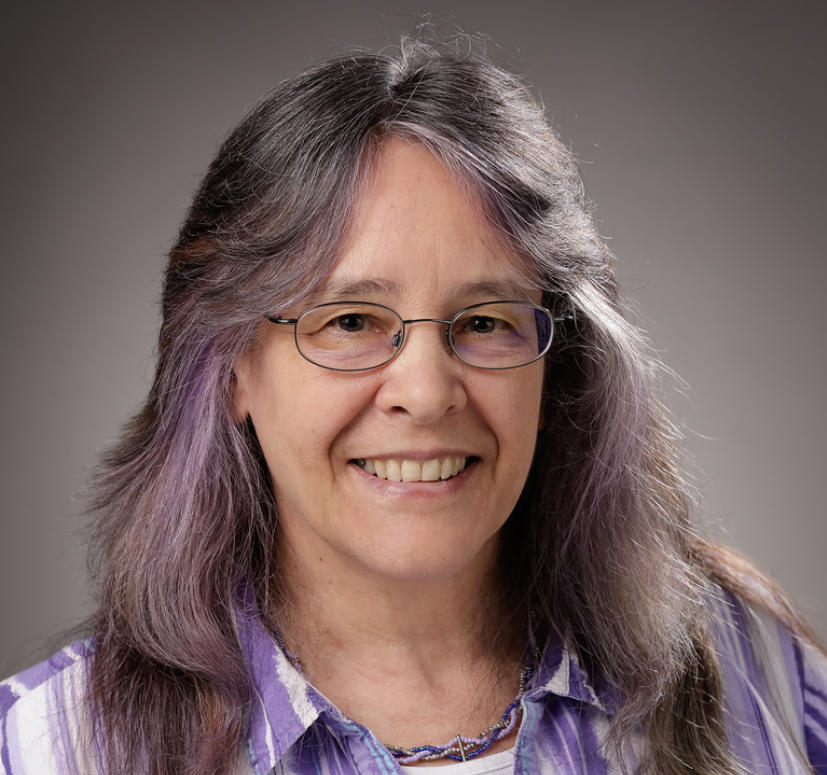 Photo of Lisa Morgan, Woman with gray long hair, wearing glasses and a purple top smiling at the camera