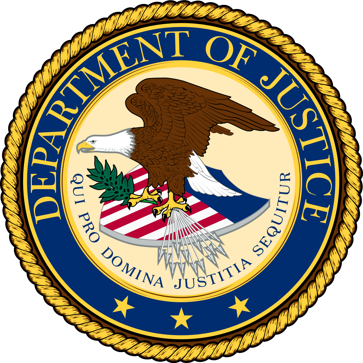 Seal of the United States Department of Justice; an eagle flying with an American flag on a yellow background