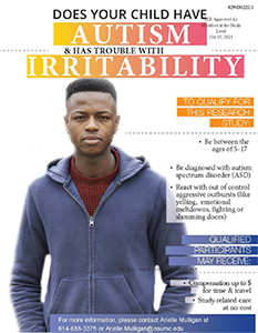 Image of young black man with short black hair wearing a tshirt and hooded sweatshirt. Text:Does Your Child Have Autism & Has Trouble with Irritability To Qualify for this research study. Be between 5-13 Be diagnosed with autism spectrum disorders (ASD) React with out of control aggressive outbreaks' like yelling. Qualified participants may receive: Compensation. 