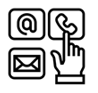 image description: hand point to three buttons showing a phone, envelope, and at sign, black and white