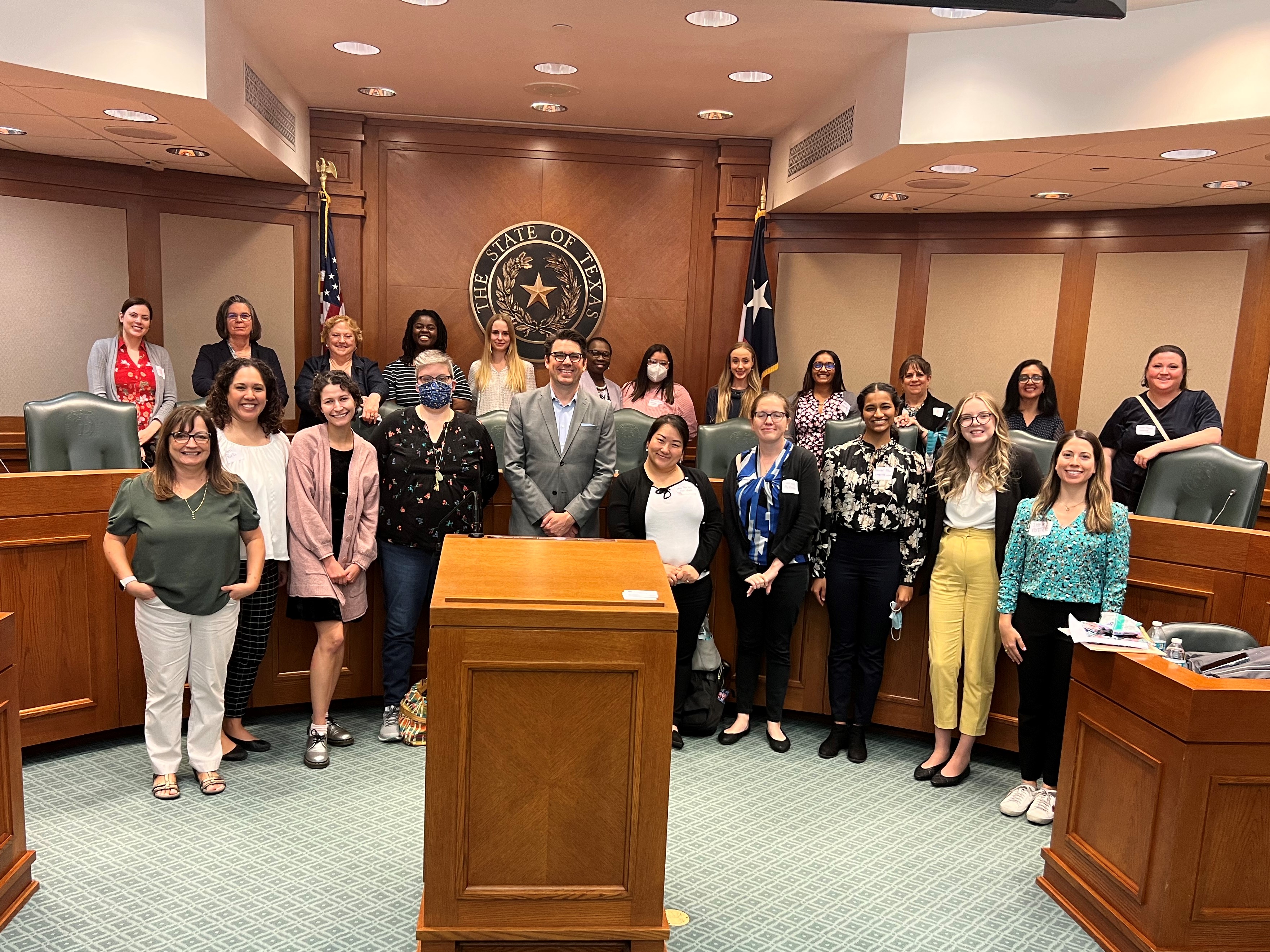 Picture includes members of ACT LEND and LoneStar LEND, and Scott Daigle from Texas Council for Developmental Disabilities. Hearing Room at the Texas Capitol Building, April 8, 2022.