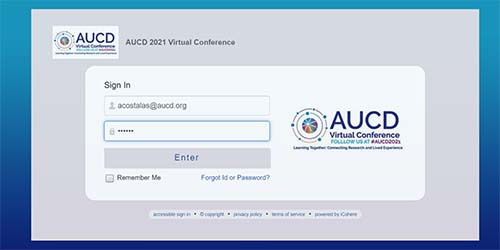 Screenshot of AUCD 2020 Virtual Conference login screenshot with AUCD Achieving Equity logo