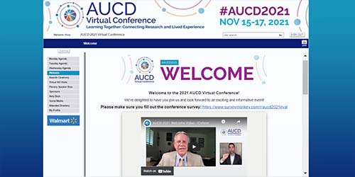 Screenshot of AUCD 2021 Virtual Conference login screenshot with AUCD Achieving Equity logo banner on top of page