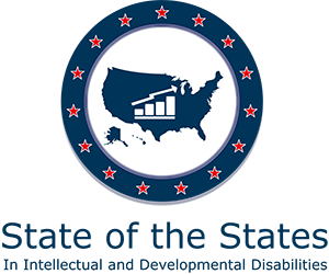Outline of the Map of the United States with a graph in the center. Text : State of the States In Intellectual and Developmental
Disabilities