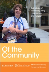 Image of person in an electric wheelchair with the words Of the Community below them