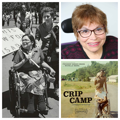 Collage of images of Judy Heumann from the past and present along side the Crip Camp movie poster.