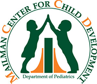 Silhouette of a boy and girl reaching over a fence joining hands. Text: Mailman Center for Child Development