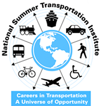 Icon of a globe of the world encircled with icons starting from the top a  boat, car, person walking, person in a wheelchair, bicycle, bus and train. Text National Summer Transportation Initiative Careers in Transportation A Universe of Opportunity