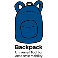 Icon of a blue backpack. Text Backpack