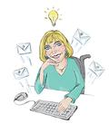 An illustration of a smiling woman with medium-length blonde hair in a turquoise shirt who is sitting in a wheelchair at her computer. There is a lightbulb above her head and envelopes are flying around her. 