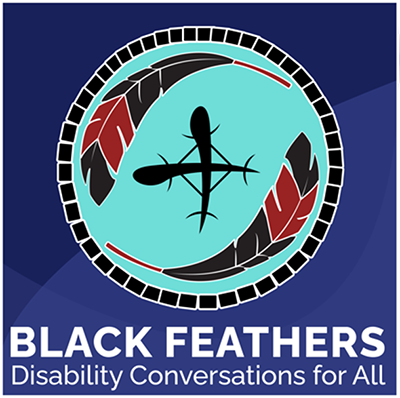 Image of the Black Feathers Podcast logo, a teal medallion with two red and black feathers at each end, circling around the Choctaw symbol for 