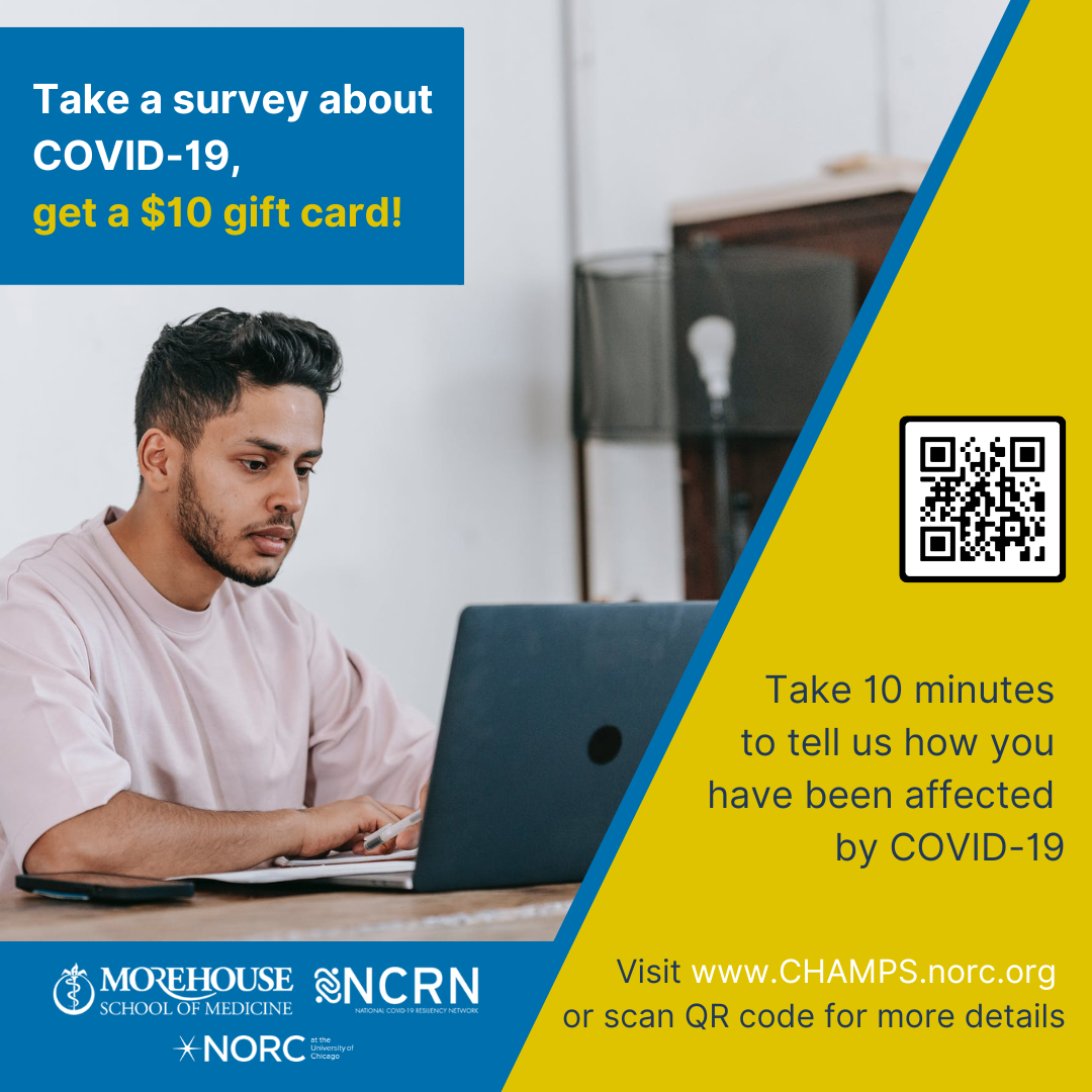 A person sitting at a desk with a computer  Take a survey about COVID-19 get a $10 gift card! Take 10 minutes to tell us how you have been affected by COVID-19.