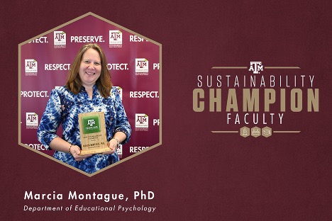 Image of a white woman with long brown hair wearing a tie dyed dress holding an award. Text Sustainability Champion Faculty Marcia Montague, PhD Department of Education Psychology