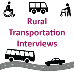 Icons of f wheelchair user, walker users and a bus, car and van.Rural Transportation Interviews 