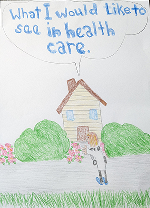 A colored pencil cartoon drawing a of a doctor in a white coat in front of a yellow house. The title of the picture says, 
