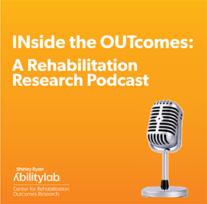 An orange background with a silver microphone and the words Inside the Outcomes A Rehabilitation Research Podcast in white.