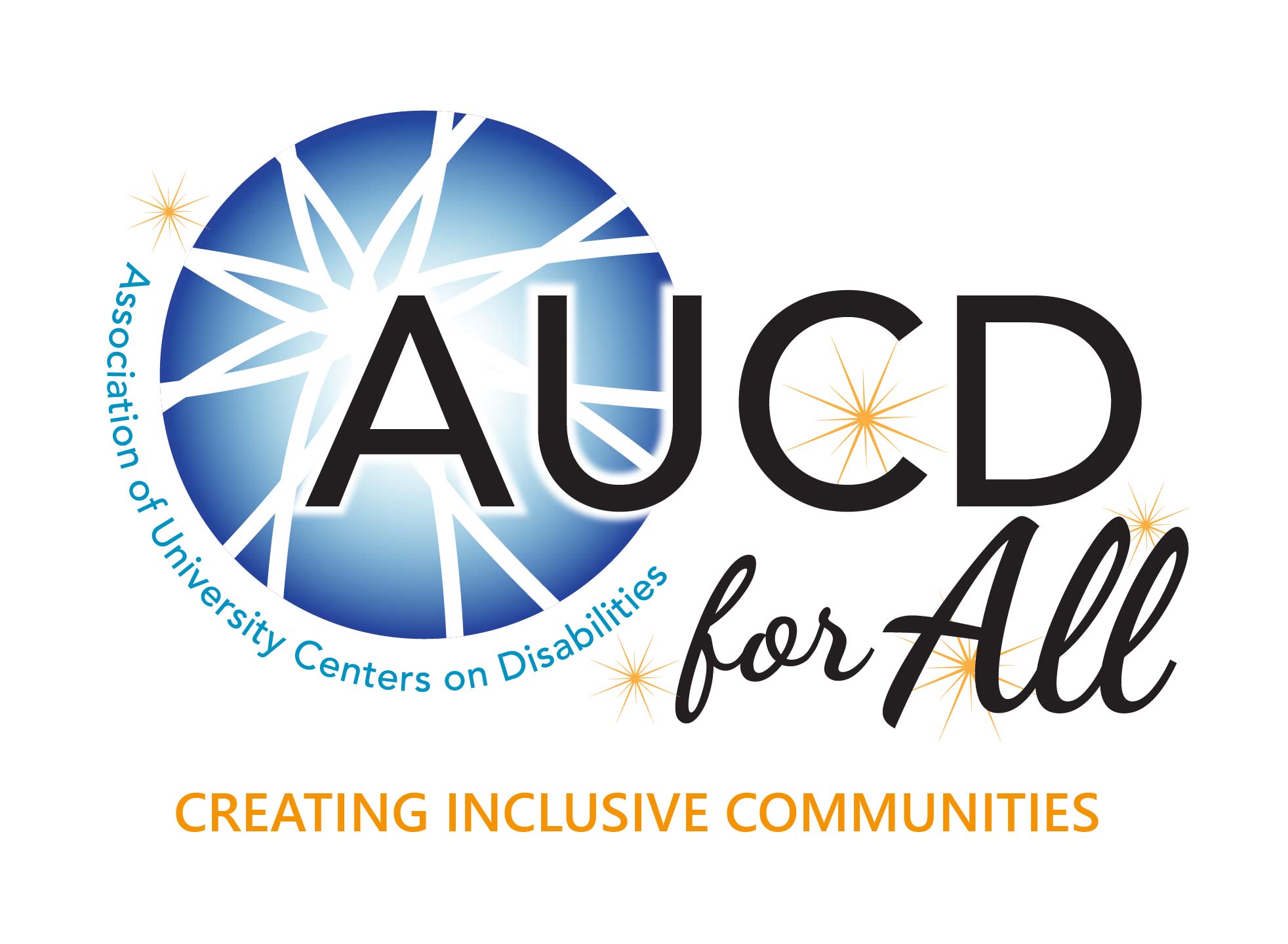 Image of a blue globe with a burst of white lines through it that says AUCD for All Creating Inclusive Communities