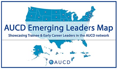 Outline of US Map with text AUCD Emerging Leaders Map Showcasing Trainee & Early Career Leaders in the AUCD Network