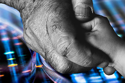  A black and white hand of an older adult is grasping the tiny hand of an infant on a background that is blue and shows a model of DNA in the background.  [image of fxtas statistics] Graphic illustration showing that 1 in every 450 males and one in e