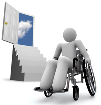 Graphic representation of wheelchair user at foot of steep stairs to door open to inviting blue sky (purchased from Stockfresh)