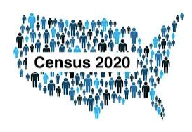 map of US made up of blue and green bodies. Text: Census 2020