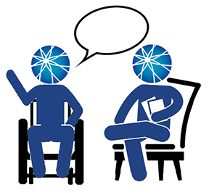 two people with AUCD logo as head sitting and talking with talking bubbles above them 
