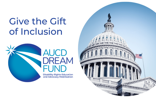 Image of the US Capitol. Text: Give the Gift of Inclusion AUCD DREAM FUND Disability Rights Education and Advocacy Mobilization