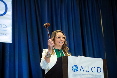 Person at podium with gavel A person stands behind a podium displaying the AUCD logo and holds a wooden gavel raised in one hand. Dark blue curtains hang in the background.