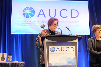 A person stands behind an AUCD-branded podium, holding up a wooden gavel. A large AUCD banner hangs behind the podium, and event materials rest on a nearby table.