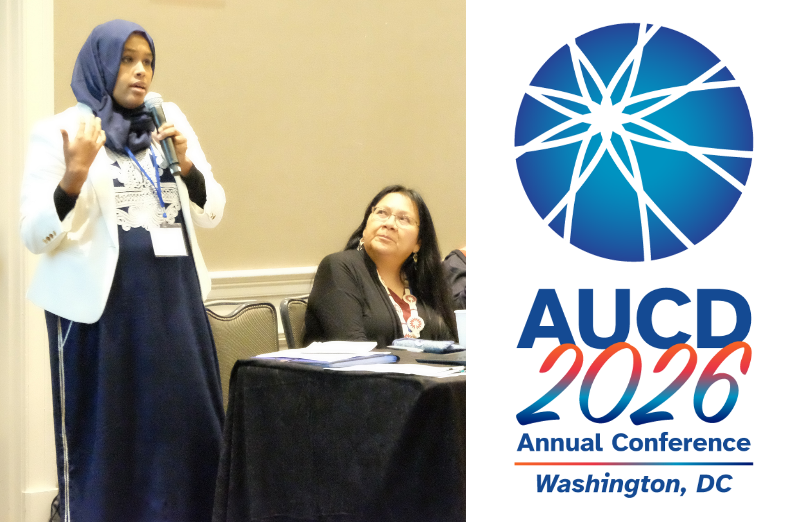 A speaker in a hijab gestures with her hands while holding a microphone, with a logo for AUCD 2026 Annual Conference in Washington, DC on the right.