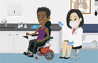 Image of a doctor sitting on a stool administering a shot to a woman using an electdric chair at a doctors office.