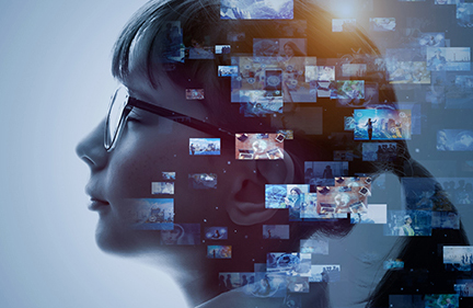 This image shows a young person wearing glasses, looking thoughtful, with lots of small digital screens floating around their head. It’s meant to show how people—especially kids—are growing up surrounded by technology, information, and digital media. It suggests that we learn, think, and interact more and more through screens and smart technology.