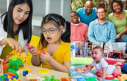 A collage of three images. Left: A young girl with Down syndrome plays with colorful toys at a table, assisted by an adult woman. Top right: A group of four smiling adults of diverse backgrounds sit closely together outdoors. Bottom right: A baby with a limb difference lies on a colorful play mat, lifting their head while crawling.