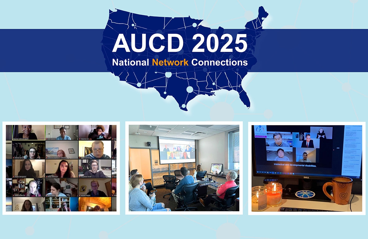 Promotional graphic for AUCD’s Spark Connections virtual networking sessions on October 16 and 30 from 4–6 PM ET, and 2025 Awards with nominations due September 12. Visuals include a U.S. map with network nodes, an award trophy, a computer screen showing a virtual meeting, a group photo from an event, and a QR code in the bottom right corner."