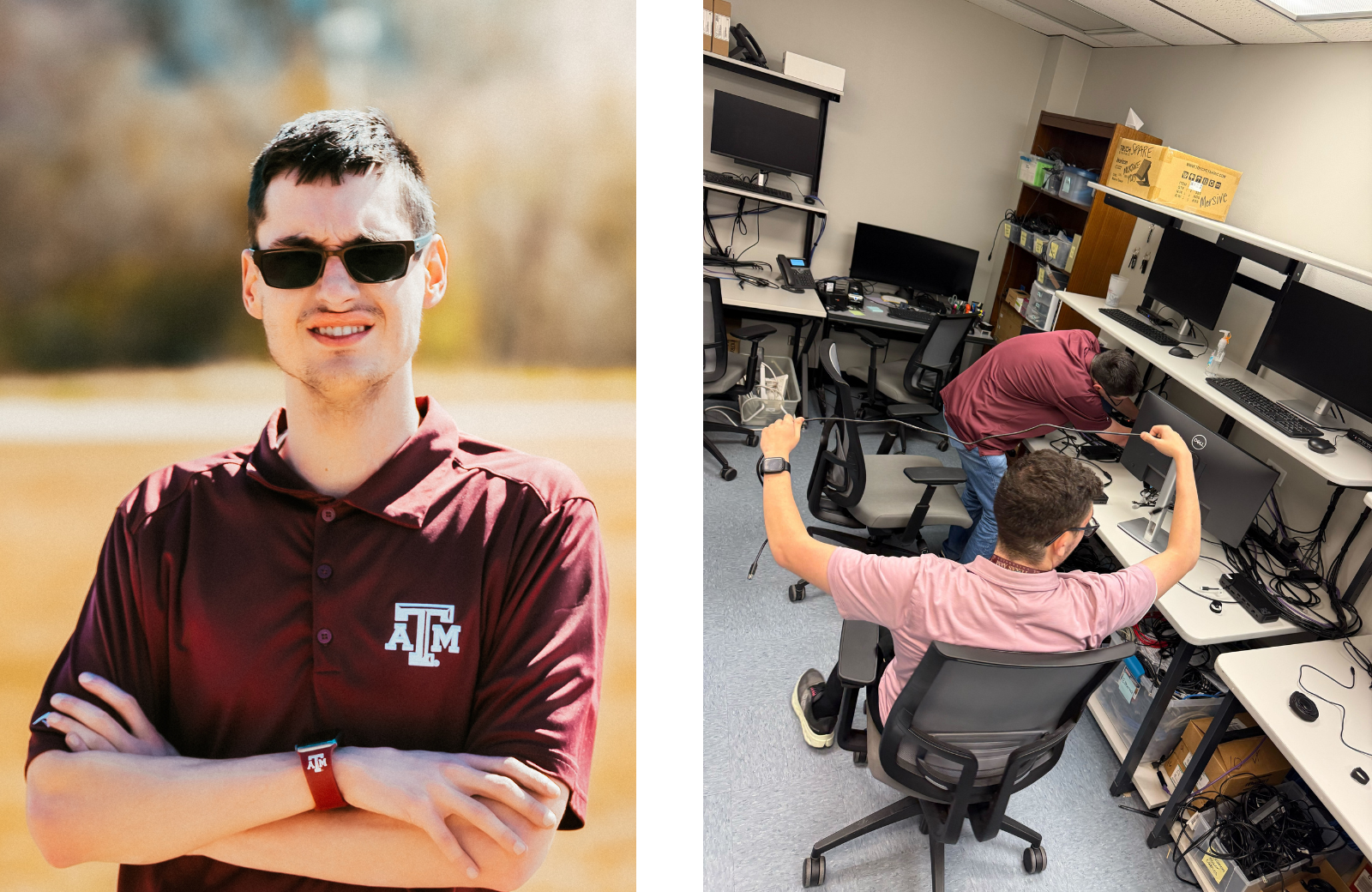 A side-by-side image shows two different settings. On the left, a person stands outdoors in daylight wearing a maroon collared shirt with a Texas A&M logo, sunglasses, and a wristwatch, with arms crossed and a blurred natural background behind them. On the right, two people are inside a computer lab with multiple desks, rolling office chairs, desktop computers, and visible cables; one person sits at a workstation with arms raised while another person bends over near a computer, appearing to work on equipment.