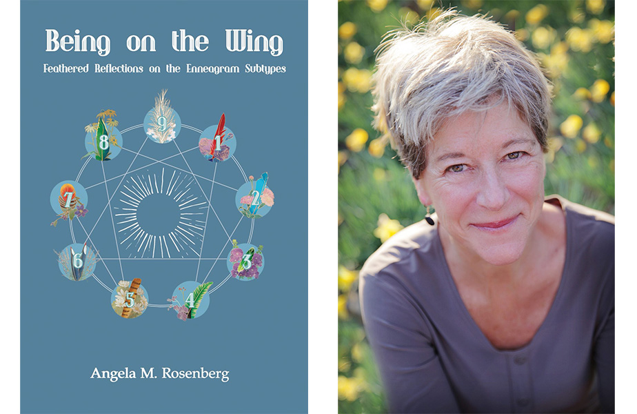 A "book cover" photo: Book Cover of Being on The Wing and features the Enneagram diagram with images of bird feathers and flowers at each of the nine points of the Enneagram. Angela Rosenberg pictured with grey long sleeve shirt, short hair, and grass backgrou