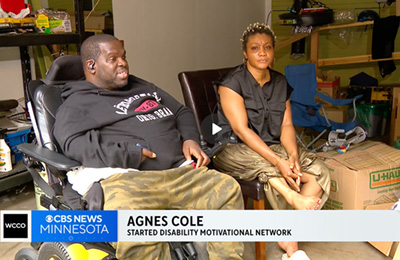 Prince and Agnes Cole speak on television news about starting the Disability Motivational Network. They sit in their garage and both of them have disabilities. 