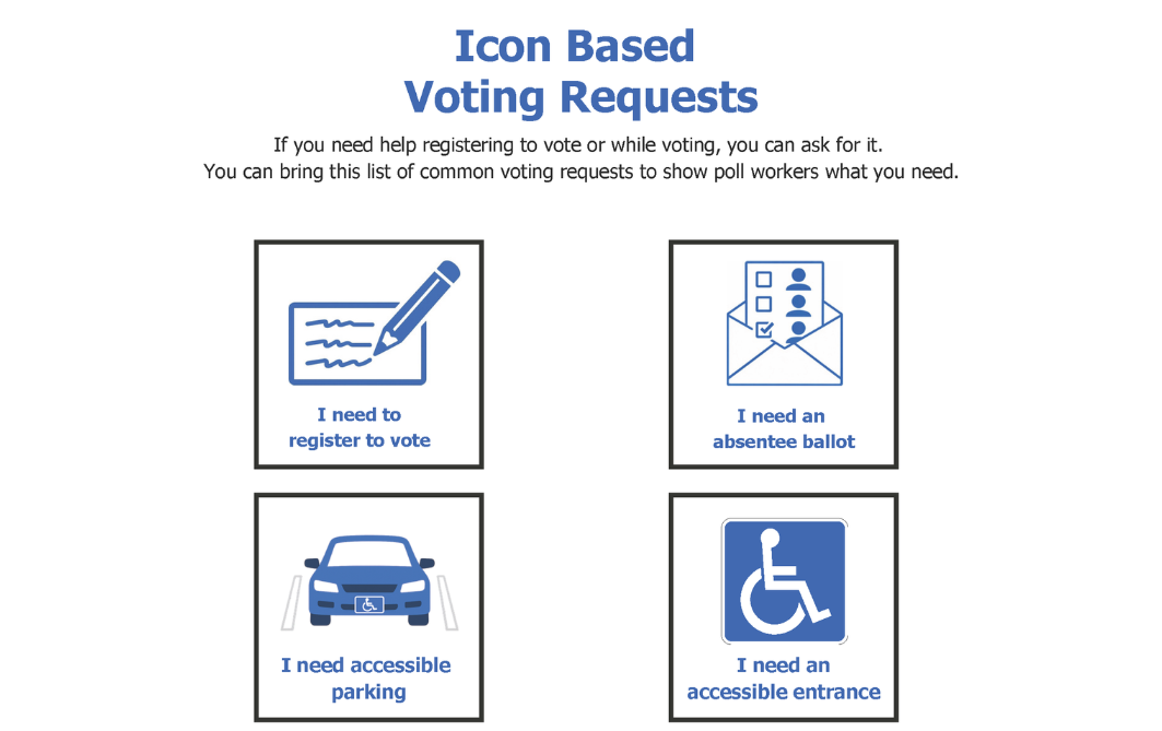 A preview of the flyer for voting requests. The text "Icon-based voting requests. You need help registering to vote or while voting you can ask for it. You can bring this list of common voting requests to show poll workers what you need" sits above several icons with text that represent different tasks related to voting.