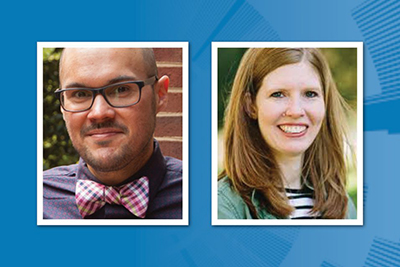 Headshots of Pablo Juarez and Julie Lounds Taylor. Juarez is a Latino man with close-shaved hair, beard, and mustache, brown eyes, black-rimmed glasses, a navy button-down shirt, and purple plaid bow tie. Taylor is a white woman with shoulder-length 