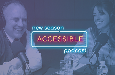 Two people with headsets and speaking into a microphone.Text: New Season Accessible Podcast.