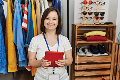 Image of a young woman holding a tablet and smiling at the camera.